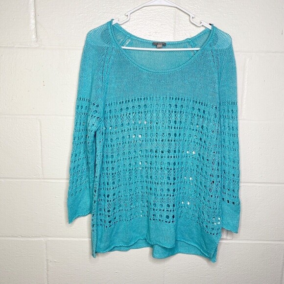 J Jill Linen Blend Open Knit Blue Pullover Sweater Womens Large Fisherman - Picture 2 of 9